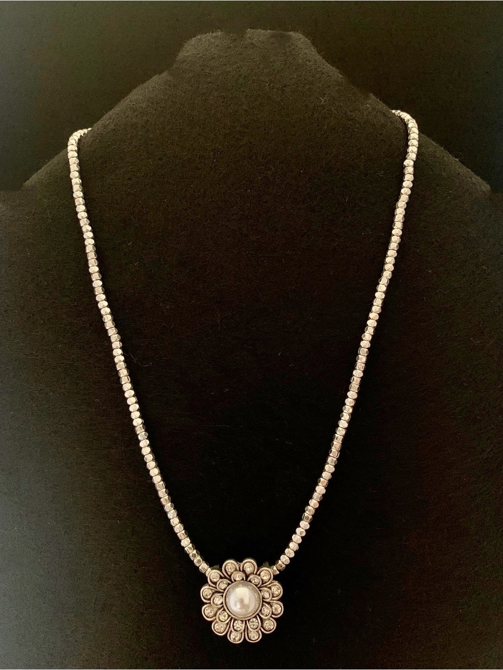 Silver Floral Pendant Necklace with Pearl Center